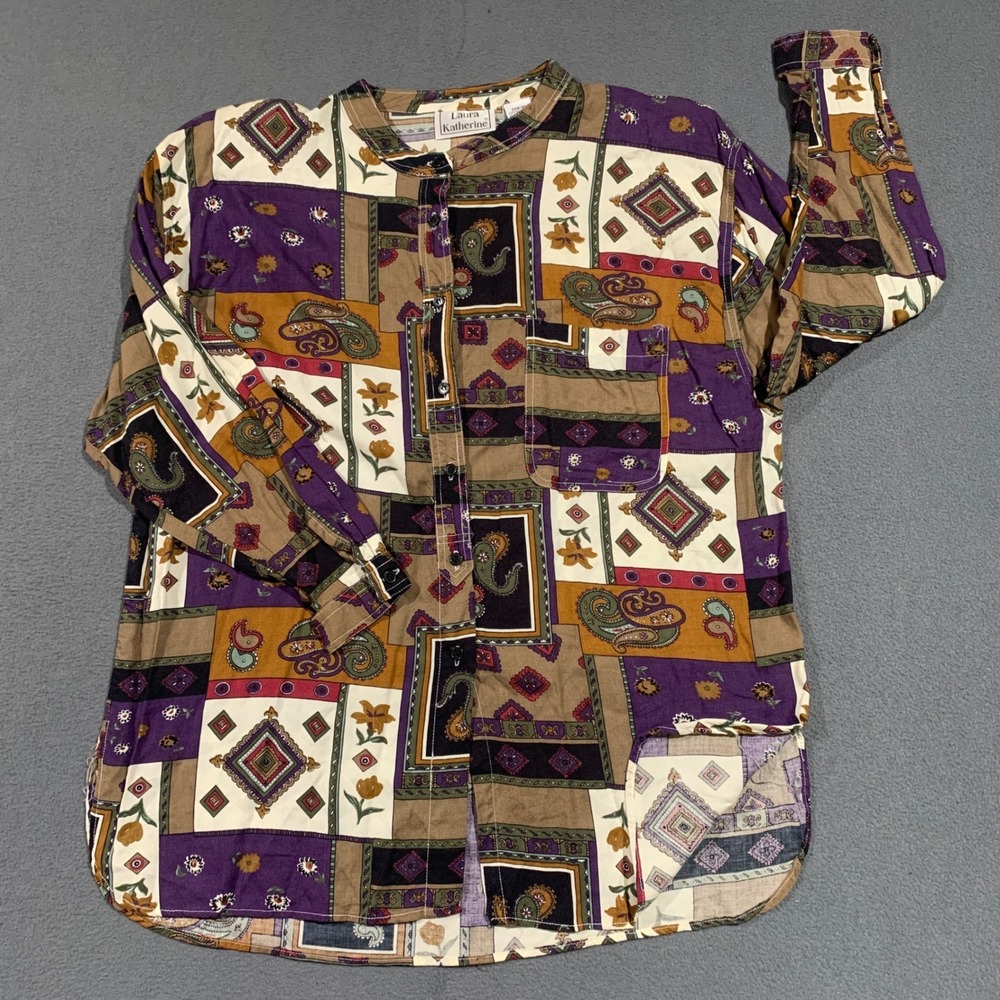 Laura Katherine Vintage 90s Rayon Patchwork Paisley Button Up Shirt Womens 20W
